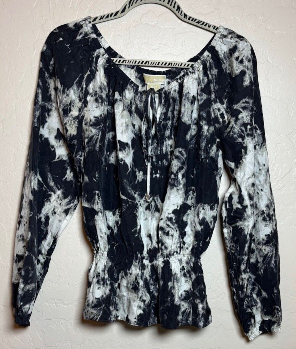 Michael Kors Womens S Black White Tie Dye Peasant Blouse Smocked Waist Boho